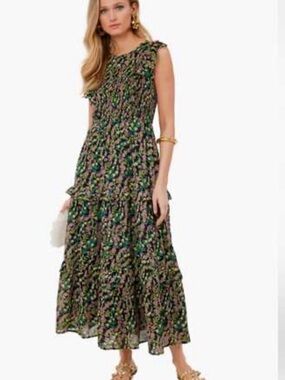 Banjanan Black Floral Tiered Smocked Maxi Dress size M
